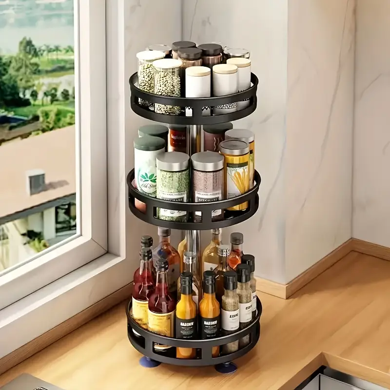 LOVEWE 3-Tier Rotating Kitchen Spice Rack - Metal Turntable Spice Organizer with Polished Finish, Multi-Compartment Storage for Spices