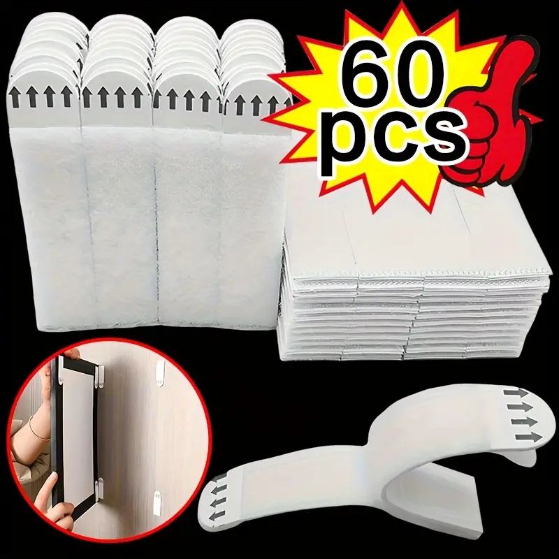 60 Strips Heavy-Duty Adhesive Strips - No Drill Damage-Free Hanging, Double Sided Tape for Smooth Surfaces, Removable Strong Hold for Photos