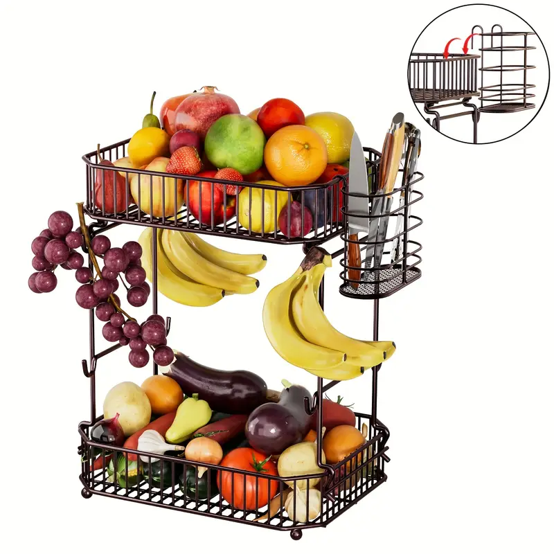 Heavy-Duty 2-Tier Metal Fruit Basket for Kitchen Counter with Side Storage & 8 Banana Hangers - Detachable, Space-Saving Design, Quick 5-Minute Assembly