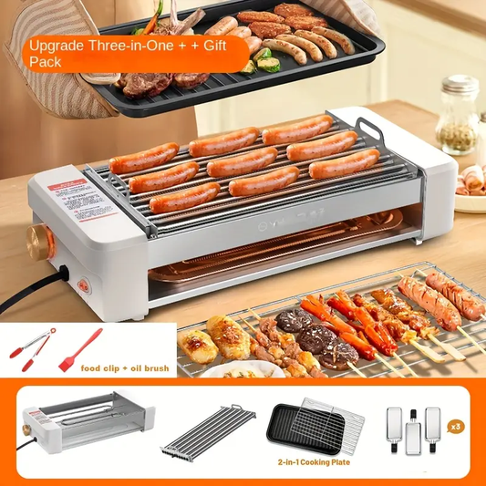 4-in-1 Multifunctional Sausage Grill with Three-Dough Dish and Silicone Oil Brush, Non-Stick Countertop Barbecue Rack, Adjustable Temperature, Removable Pan, Easy to Clean, Suitable for Kitchen and Dormitory