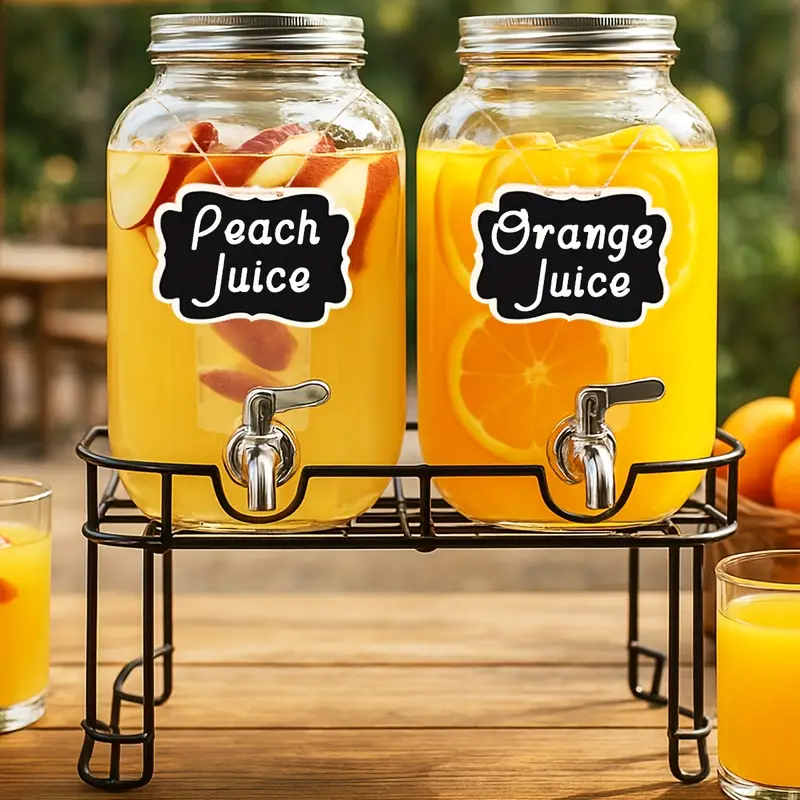 2-Pack 1 Gallon Glass Pitchers with Stands & 304 Stainless Steel Manual Faucet - Rustic Metal Frame, Chalkboard Labels for Parties, Kitchen, Dining, Outdoor Events