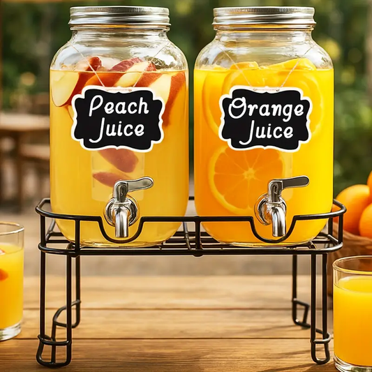2-Pack 1 Gallon Glass Pitchers with Stands & 304 Stainless Steel Manual Faucet - Rustic Metal Frame, Chalkboard Labels for Parties, Kitchen, Dining, Outdoor Events