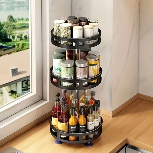 LOVEWE 3-Tier Rotating Kitchen Spice Rack - Metal Turntable Spice Organizer with Polished Finish, Multi-Compartment Storage for Spices