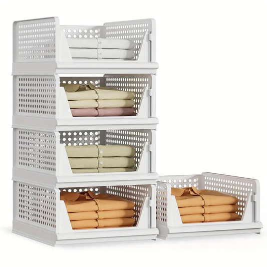 5pcs Foldable Large Capacity Closet Organizer, Stackable Space-Saving Plastic Storage Box Clothes Shelf Basket for Clothing, Closet, Bedroom, Bathroom, Office Storage And Organization, Mounted Closet Systems