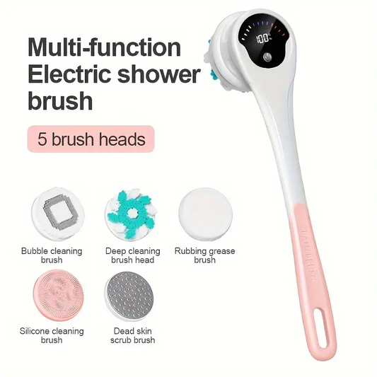 Rechargeable Electric Back Scrubber Brush with IPX6 Design, 5 Function Modes & Long Handle - 360° Exfoliating Bath Brush for Shower, 1800mAh Lithium Battery, Fragrance-Free