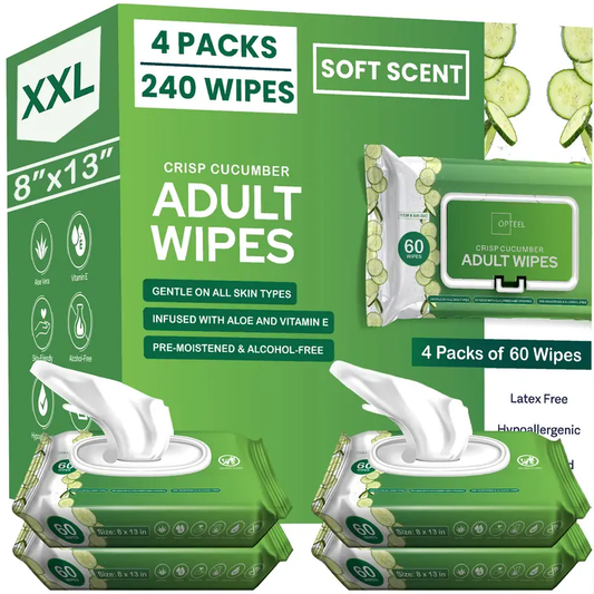 Extra Large Wet Wipes for Adults and Elderly Soft Cucumber Scent – 4 Packs of 60 (240ct) Soft, Thick, 8"x13" Disposable Bathing Wipes for Incontinence and Personal Care