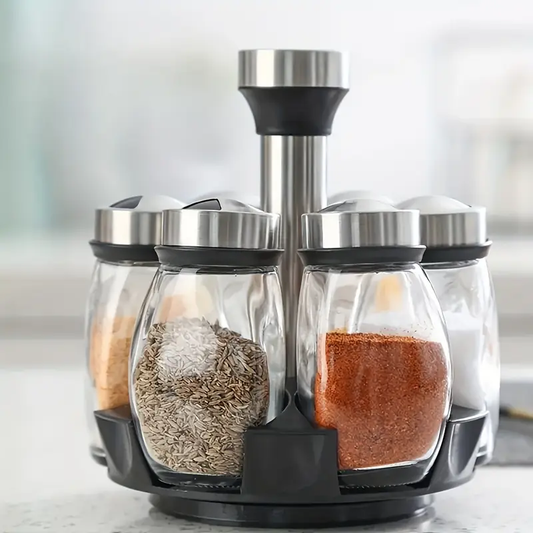 7pcs Glass Spice Jar Set with Rotating Organizer - Includes Salt, Pepper & Sugar Shakers - Perfect for Kitchen Storage & Organization