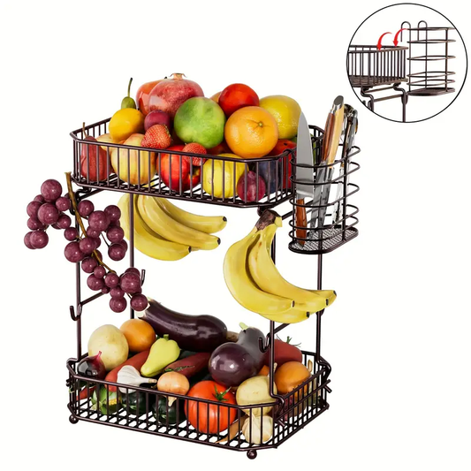 Heavy-Duty 2-Tier Metal Fruit Basket for Kitchen Counter with Side Storage & 8 Banana Hangers - Detachable, Space-Saving Design, Quick 5-Minute Assembly