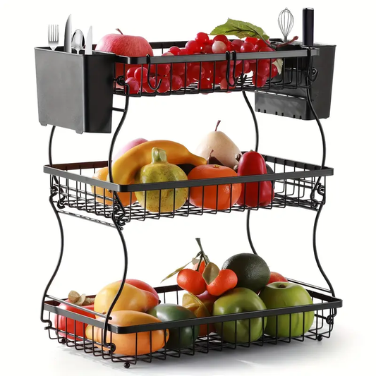 1pc 3-layer Fruit Basket for Kitchen with 2 Banana Hooks, Suitable for Kitchen, Bread Vegetable Fruit Organizer, Large Capacity Rectangular Storage Rack, Black, Suitable for Restaurant, Shelf Baskets